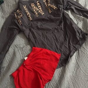 Gray PINK Long Sleeve Shirt and Red Shorts